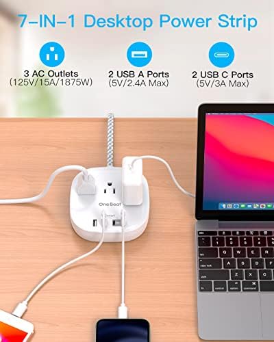 One Beat Flat Plug Power Strip, 5ft Flat Extension Cord, 3 Outlets 4 USB Ports (2 USB C) 22.5W/4.5A Desktop Charging Station Power Strip No Surge Protection, Cruise Ship Dorm Room Travel Essentials - Image 4