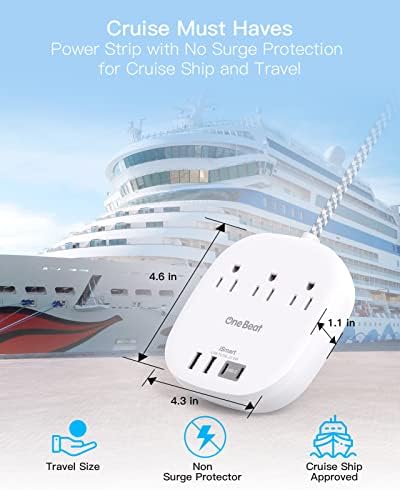One Beat Flat Plug Power Strip, 5ft Flat Extension Cord, 3 Outlets 4 USB Ports (2 USB C) 22.5W/4.5A Desktop Charging Station Power Strip No Surge Protection, Cruise Ship Dorm Room Travel Essentials - Image 5