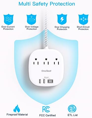 One Beat Flat Plug Power Strip, 5ft Flat Extension Cord, 3 Outlets 4 USB Ports (2 USB C) 22.5W/4.5A Desktop Charging Station Power Strip No Surge Protection, Cruise Ship Dorm Room Travel Essentials - Image 7