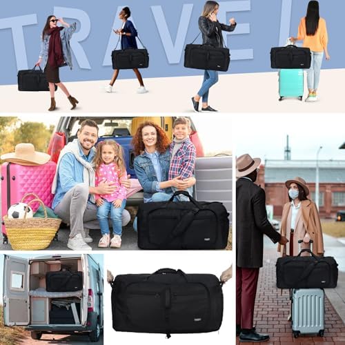 Fmeida 65L Duffle Bag with Shoes Compartment, Foldable Travel Duffel Bags for Men Women, Large Packable Travel Bag Water Repellent & Tear Resistant (Black) - Image 2