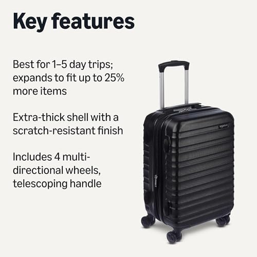 Amazon Basics 21" Hardside Carry-On Luggage, Hardshell Suitcase With Wheels, Expandable For Up to 25% More Space, With Scratch-Resistant Surface, Four Multi-directional Wheels, Black - Image 2