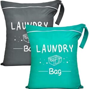 2 Pcs Large Travel Laundry Bags - Waterproof Wet/Dry, Washable, Drawstring, Bathing Suit, Workout, Gym Clothes, Swimming, Yoga - Green, Grey