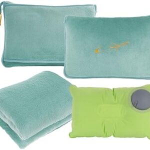 3 in 1 Travel Pillow and Blanket Set, Premium Soft 300 GSM Thick Airplane Blanket Compact with Bag for Long Trips Essentials, Hand Luggage Sleeve and Backpack Clip (Mint Green)