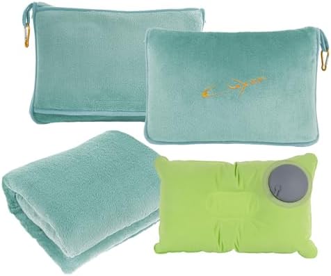 3 in 1 Travel Pillow and Blanket Set, Premium Soft 300 GSM Thick Airplane Blanket Compact with Bag for Long Trips Essentials, Hand Luggage Sleeve and Backpack Clip (Mint Green)