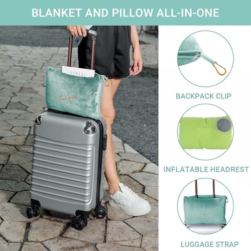 3 in 1 Travel Pillow and Blanket Set, Premium Soft 300 GSM Thick Airplane Blanket Compact with Bag for Long Trips Essentials, Hand Luggage Sleeve and Backpack Clip (Mint Green) - Image 3