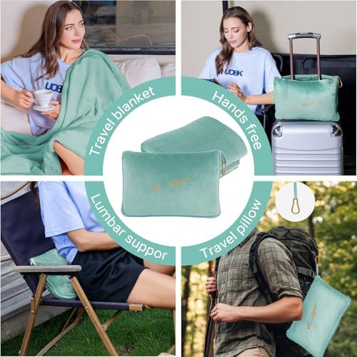 3 in 1 Travel Pillow and Blanket Set, Premium Soft 300 GSM Thick Airplane Blanket Compact with Bag for Long Trips Essentials, Hand Luggage Sleeve and Backpack Clip (Mint Green) - Image 2