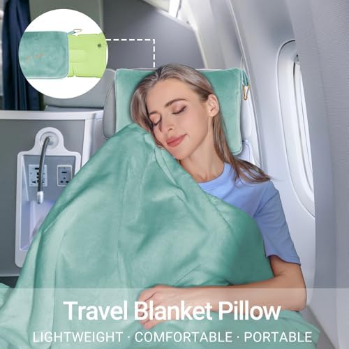 3 in 1 Travel Pillow and Blanket Set, Premium Soft 300 GSM Thick Airplane Blanket Compact with Bag for Long Trips Essentials, Hand Luggage Sleeve and Backpack Clip (Mint Green) - Image 6