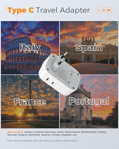 2 Pack European Plug Adapter USB C, TESSAN US to Europe Adapter 4 Outlets 3 USB Charger, Type C International Power Adaptor to Italy Spain France Portugal Iceland Germany, Europe Travel Essentials - Image 2