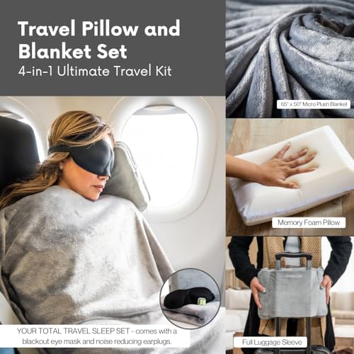 Travel Pillow and Blanket Set - 4-in-1 Ultimate Travel Kit with Memory Foam Pillow, Travel Blanket, Sleep Mask, and Earplugs-Ultimate Comfort and Coziness for Your Journeys - Grey - Image 5