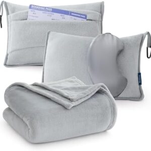 Bedsure Travel Blanket Airplane Compact with Storage Bag, Packable Blanket with Eye Mask, Lightweight 3-in-1 Travel Essentials, Functioned as Pillow for Airplane Comfort and Warmth, Grey