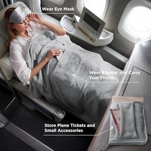 Bedsure Travel Blanket Airplane Compact with Storage Bag, Packable Blanket with Eye Mask, Lightweight 3-in-1 Travel Essentials, Functioned as Pillow for Airplane Comfort and Warmth, Grey - Image 2