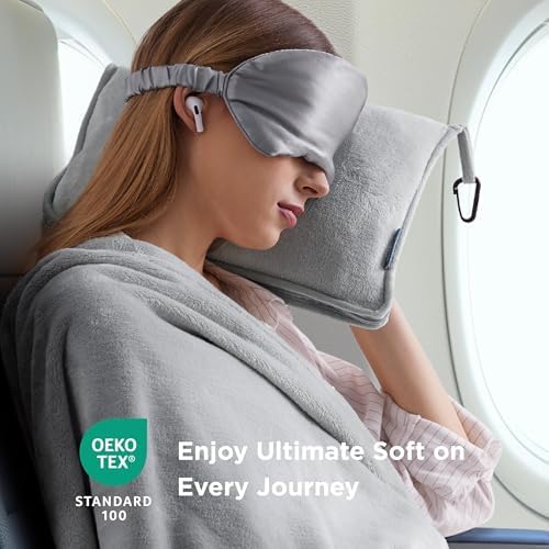 Bedsure Travel Blanket Airplane Compact with Storage Bag, Packable Blanket with Eye Mask, Lightweight 3-in-1 Travel Essentials, Functioned as Pillow for Airplane Comfort and Warmth, Grey - Image 4