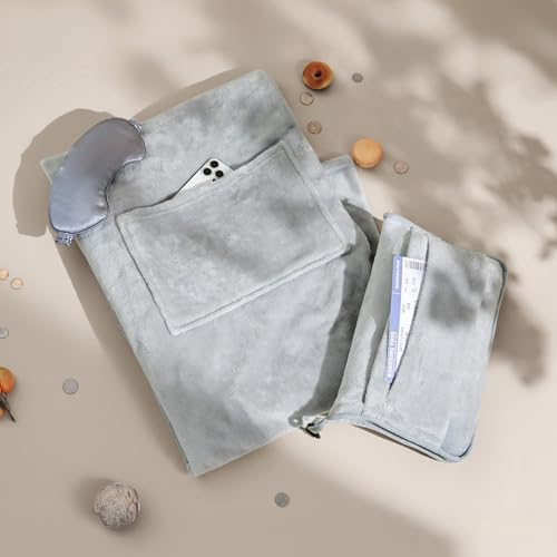 Bedsure Travel Blanket Airplane Compact with Storage Bag, Packable Blanket with Eye Mask, Lightweight 3-in-1 Travel Essentials, Functioned as Pillow for Airplane Comfort and Warmth, Grey - Image 7