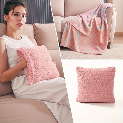 Plain Flannel Blanket Portable Soft Travel Blanket 2 in 1 Travel Fleece Blanket Pillow (Pink) - Image 2