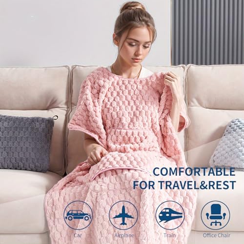 Plain Flannel Blanket Portable Soft Travel Blanket 2 in 1 Travel Fleece Blanket Pillow (Pink) - Image 3
