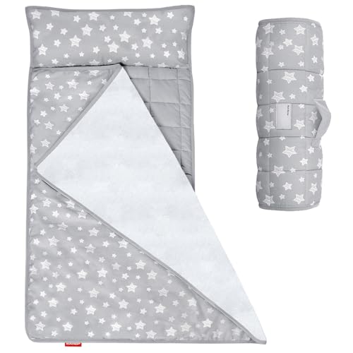Moonsea Toddler Nap Mat with Pillow and Fleece Minky Blanket, Lightweight, Soft Perfect for Kids Preschool, Daycare, Travel Sleeping Bag Boys and Girls, 21" x 50" Fit Standard Cot