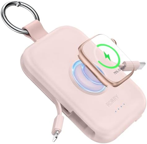 RORRY Portable Charger, 5000mAh Portable Charger Power Bank with Built-in Cables, Travel Keychain Battery Pack for Apple Watch Ultra 2/9/8/Ultra/7/6/SE/5, iPhone 16/15/14/13/12, Pink