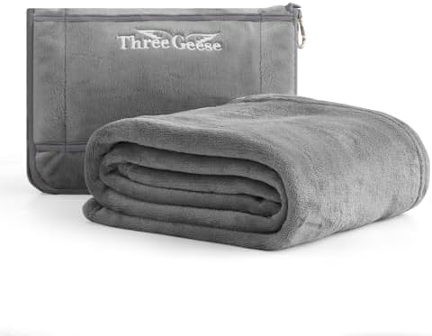 Three Geese 2-in-1 Travel Blanket Blanket and Pillows, Soft Flannel Airplane Throw with Hand Luggage Belt, 65x40inches, Portable Compact Design with Bag, Ideal for Travel Comfort