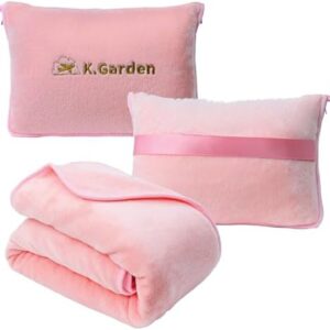 K.Garden Travel Cooling Blanket and Pillow- Soft 2 in 1 Airplane Compact Flight Essentials Car Pillow Travelers Gifts Accessories Compact Pack Blanket for Any Travel with Luggage Backpack Strap,Pink
