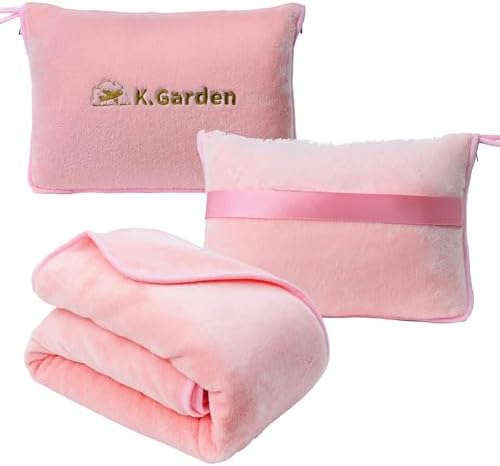 K.Garden Travel Cooling Blanket and Pillow- Soft 2 in 1 Airplane Compact Flight Essentials Car Pillow Travelers Gifts Accessories Compact Pack Blanket for Any Travel with Luggage Backpack Strap,Pink