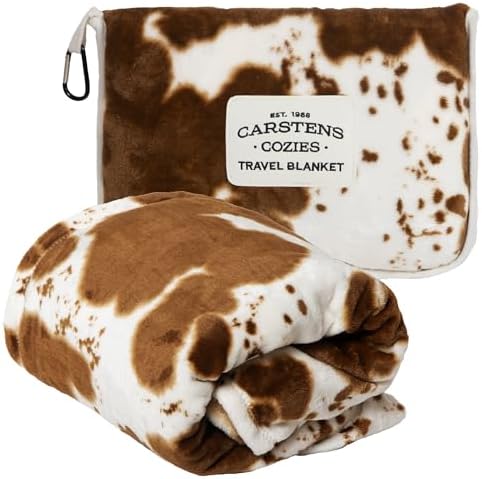 CARSTENS, INC. Travel Blanket, Premium Compact 2-in-1 Airplane Blanket/Pillow, Cow Print