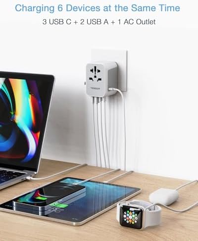 TESSAN Universal Travel Adapter, International Power Adapter 5.6A 28W 3 USB C 2 USB A Ports, Travel Worldwide Plug Adaptor, Outlet Wall Charger for Europe UK EU AUS (Type C/G/A/I) - Image 6