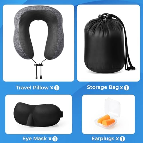 Travel Pillow, Travel Pillows for Sleeping Airplane, Removable Cover Neck Pillow with Adjustable Clasp, Memory Foam Neck Pillow Set with Eye Mask, Earplugs and Storage Bag (Dark Grey) - Image 4