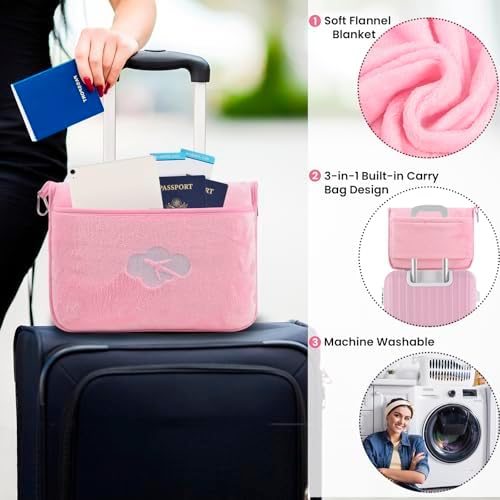 Blanket Pillow for Airplane Travel Essentials - 3 In 1 Travel Blanket and Pillow Set for Women Gifts, Plane Compact with Bag for Long Flight, International Traveler Must Haves Flying Accessories(Pink) - Image 4