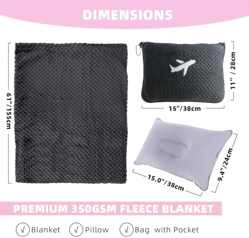 3 in 1 Travel Blanket Pillow Set - 350 GSM Thick Travel Blanket Airplane Compact with Bag, Soft Bag with a Pocket, Inflatable Travel Pillow for Camping & Car Trip (Dark Grey) - Image 5