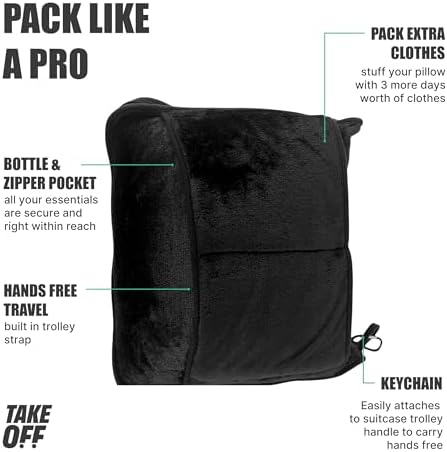 Take OFF Luggage - Compact Travel Blanket and Pillow, Super Soft Stuffable Bag with Zipper Pockets & a Keychain, Fits 3 Days of Essentials, Carry on Airplanes, Cars and Road Trip Accessories, Black - Image 3