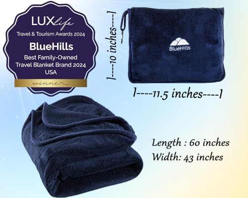 BlueHills Premium Soft Travel Blanket Pillow Airplane Blanket Packed in Soft Bag Pillowcase with Hand Luggage Belt and Backpack Clip, Compact Pack Large Plane for Any Travel (Navy Blue T002) - Image 3
