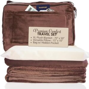 XL Travel Blanket and Pillow Set - Ultra Soft Pillow Blanket for Car, Airplane, and Camping - Airplane Blanket for Long Flights w/Large Carry Bag, Hidden Pocket, and Multiple Carrying Options