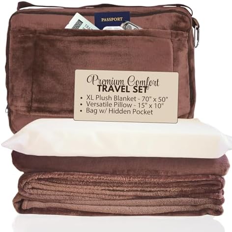 XL Travel Blanket and Pillow Set - Ultra Soft Pillow Blanket for Car, Airplane, and Camping - Airplane Blanket for Long Flights w/Large Carry Bag, Hidden Pocket, and Multiple Carrying Options