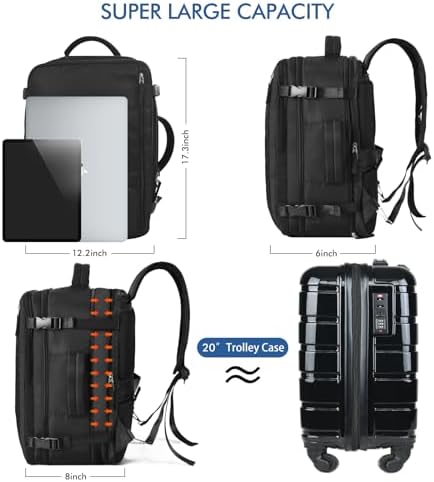 Beraliy Travel Backpack for Men Women, Large Carry On Backpack, Personal Item Bag Airline Approved, 17 inch Laptop Backpack, Business Work Gym Weekender Bag, Black - Image 6