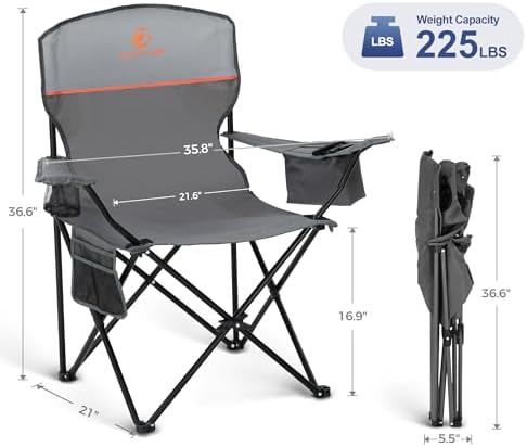 LET'S CAMP Camping Chair 2 Pack Folding Chair with 3-Can Cooler Bag Portable Lawn Chair with Cup Holder,Storage Pocket, Supports 225LBS, Collapsible Chair for Camp, Beach, Picnic (Grey) - Image 3