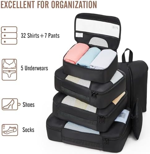 Veken 8 Set Packing Cubes for Travel Essentials, Suitcase Organizer Bags Set for Luggage, Road Trip Travel Accessories in 4 Sizes (Extra Large, Large, Medium, Small), Black - Image 5