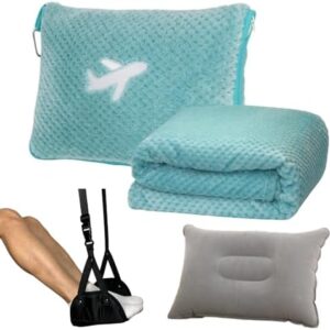 3 in 1 Travel Blanket Pillow Set with Airplane Footrest - 350 GSM Thick Travel Blanket Airplane Compact with Bag, Inflatable Pillow, Foot Hammock for Plane TravelTravel (Green)