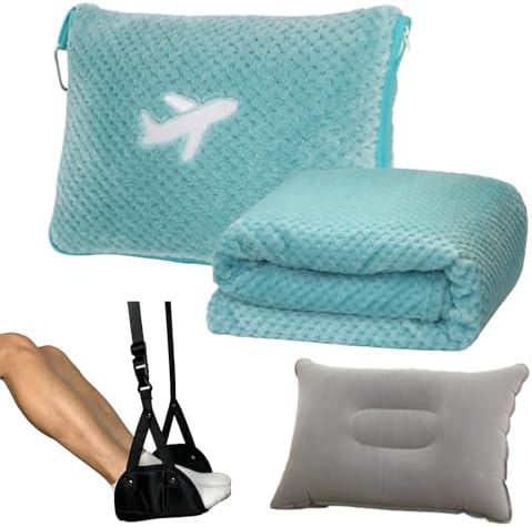 3 in 1 Travel Blanket Pillow Set with Airplane Footrest - 350 GSM Thick Travel Blanket Airplane Compact with Bag, Inflatable Pillow, Foot Hammock for Plane TravelTravel (Green)