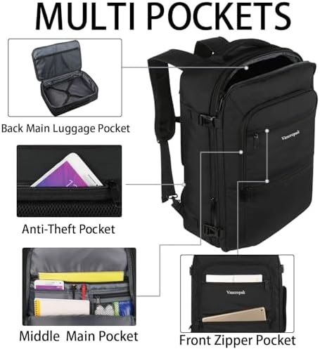 Vancropak Carry On Backpack, 40L Expandable Extra Large Travel Backpack, Flight Approved Water Resistant Luggage Suitcase Daypack, Lightweight College Business Weekender Bag for Men & Women, Black - Image 2