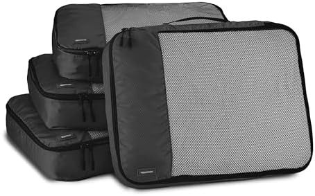 Amazon Basics Large Packing Cubes for Travel, Packing Organizers, 4-Piece-Set With Double Zipper Pulls and Mesh Top Panel, 100% Durable Polyester, Black, 17.5"L x 12.8"W x 3.3"H