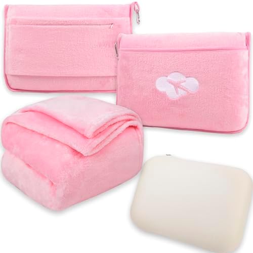 Blanket Pillow for Airplane Travel Essentials - 3 In 1 Travel Blanket and Pillow Set for Women Gifts, Plane Compact with Bag for Long Flight, International Traveler Must Haves Flying Accessories(Pink)
