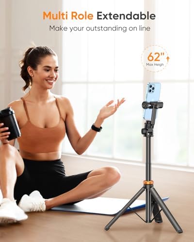 EUCOS 62" Phone Tripod, Tripod for iPhone & Selfie Stick Tripod with Remote, Extendable Phone Tripod Stand & Travel Tripod, Solidest Cell Phone Tripod Compatible with iPhone/Android - Image 3