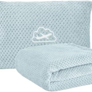 BEDELITE Travel Blanket Airplane Compact with Bag, Portable and Packable 2 in 1 Jacquard Travel Pillow and Blanket Set, Airplane Blanket Travel Essentials with Luggage Sleeve & Backpack Clip, Blue