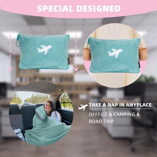 3 in 1 Travel Blanket Pillow Set with Airplane Footrest - 350 GSM Thick Travel Blanket Airplane Compact with Bag, Inflatable Pillow, Foot Hammock for Plane TravelTravel (Green) - Image 6