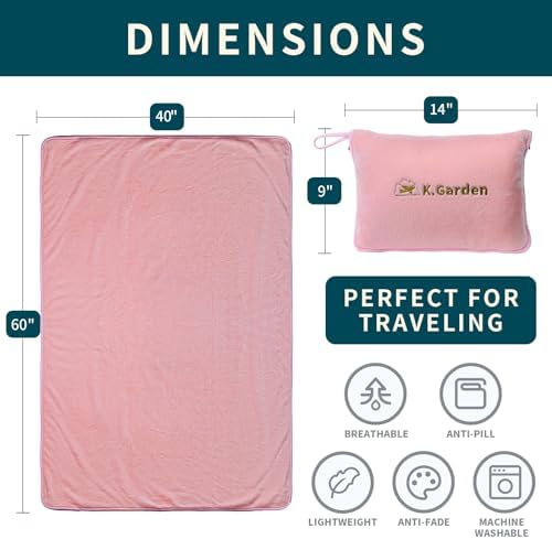 K.Garden Travel Cooling Blanket and Pillow- Soft 2 in 1 Airplane Compact Flight Essentials Car Pillow Travelers Gifts Accessories Compact Pack Blanket for Any Travel with Luggage Backpack Strap,Pink - Image 2