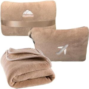 BlueHills Travel Blanket Pillow in Mini Soft Case Premium Plush Airplane Blanket in Soft Bag Compact Pack with Luggage Belt and Backpack Clip Warm Plane Pillows Traveling Gifts Packable - Beige M06
