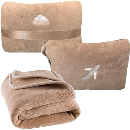 BlueHills Travel Blanket Pillow in Mini Soft Case Premium Plush Airplane Blanket in Soft Bag Compact Pack with Luggage Belt and Backpack Clip Warm Plane Pillows Traveling Gifts Packable - Beige M06