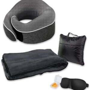 Premium Travel Set - Airplane Blanket and Pillow Set - U-Shape Pillow 360° 100% Memory Foam and Extra Soft Travel Blanket - Portable Travel Set Includes Earplugs and Sleep Mask - 4 in 1 Travel Set