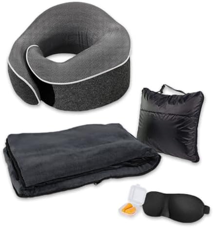 Premium Travel Set - Airplane Blanket and Pillow Set - U-Shape Pillow 360° 100% Memory Foam and Extra Soft Travel Blanket - Portable Travel Set Includes Earplugs and Sleep Mask - 4 in 1 Travel Set