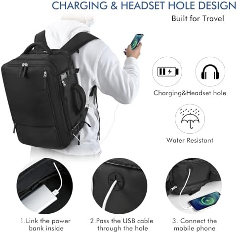 Beraliy Travel Backpack for Men Women, Large Carry On Backpack, Personal Item Bag Airline Approved, 17 inch Laptop Backpack, Business Work Gym Weekender Bag, Black - Image 5